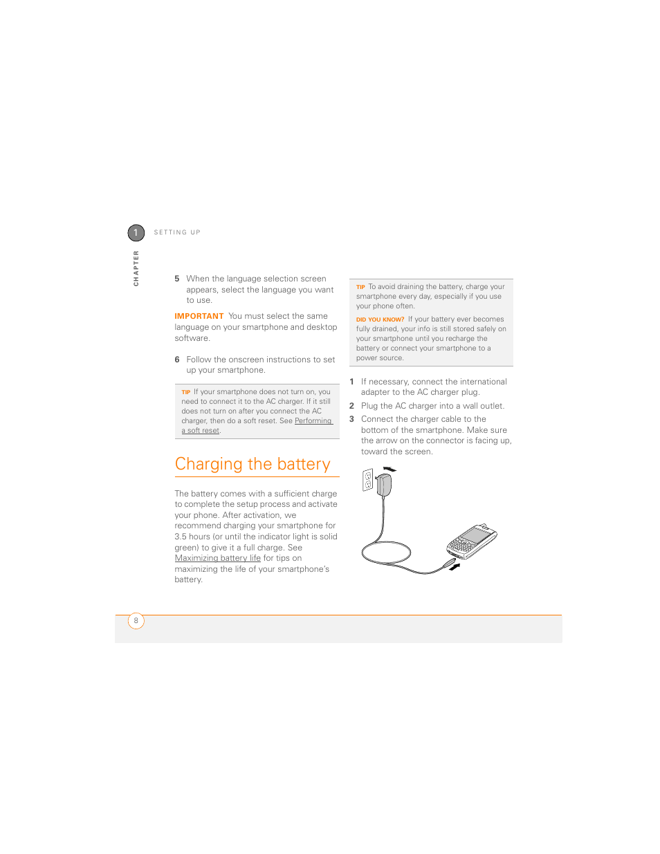 Charging the battery | Palm 700P User Manual | Page 14 / 286