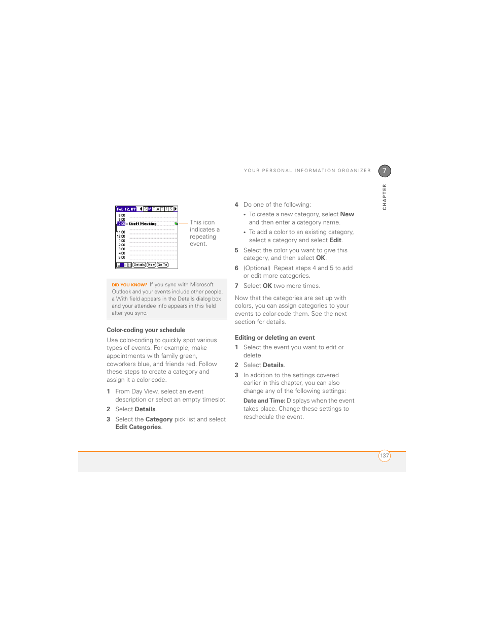 Color-coding your schedule, Editing or deleting an event | Palm 700P User Manual | Page 143 / 286