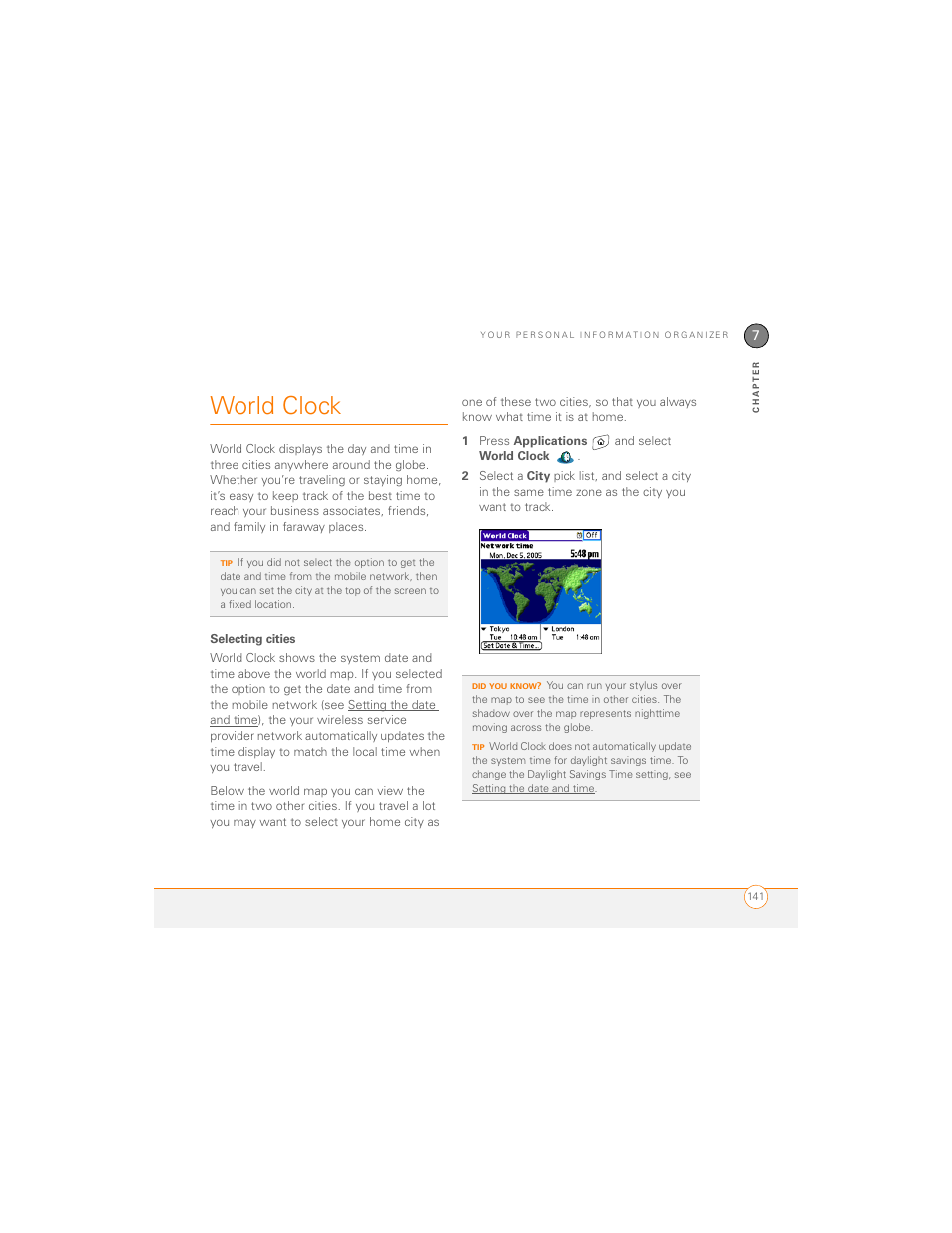 World clock, Selecting cities | Palm 700P User Manual | Page 147 / 286