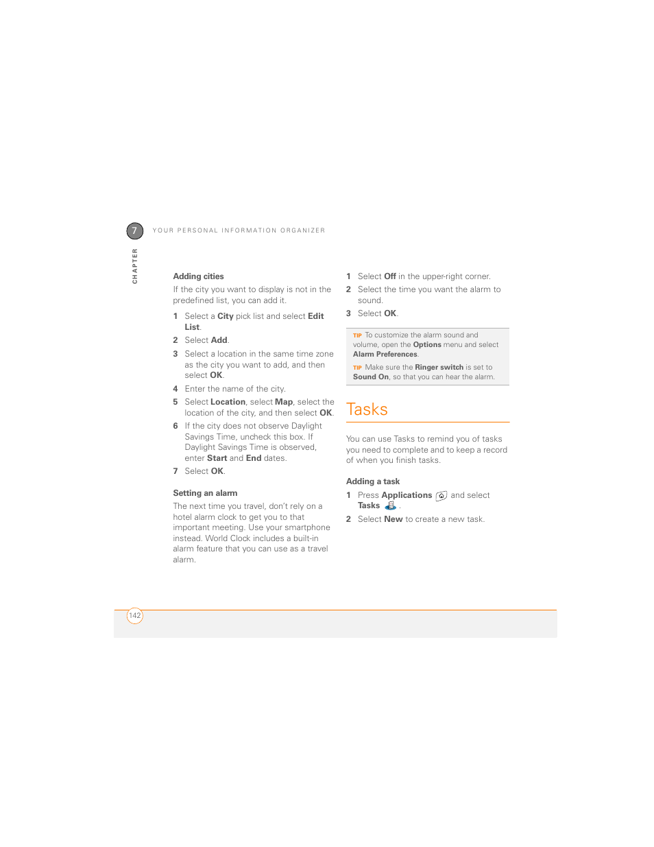 Adding cities, Setting an alarm, Tasks | Adding a task | Palm 700P User Manual | Page 148 / 286