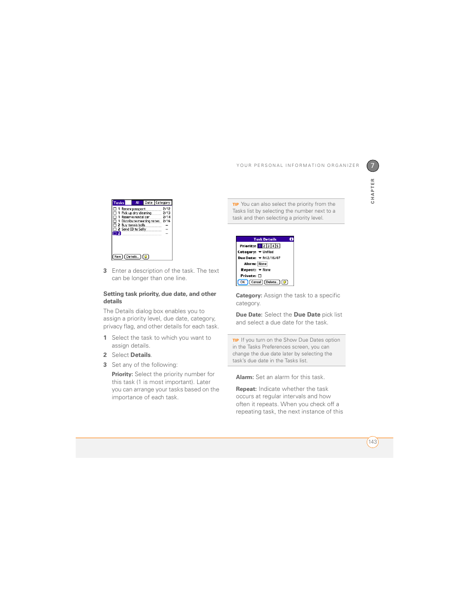 Setting task priority, due date, and other details | Palm 700P User Manual | Page 149 / 286
