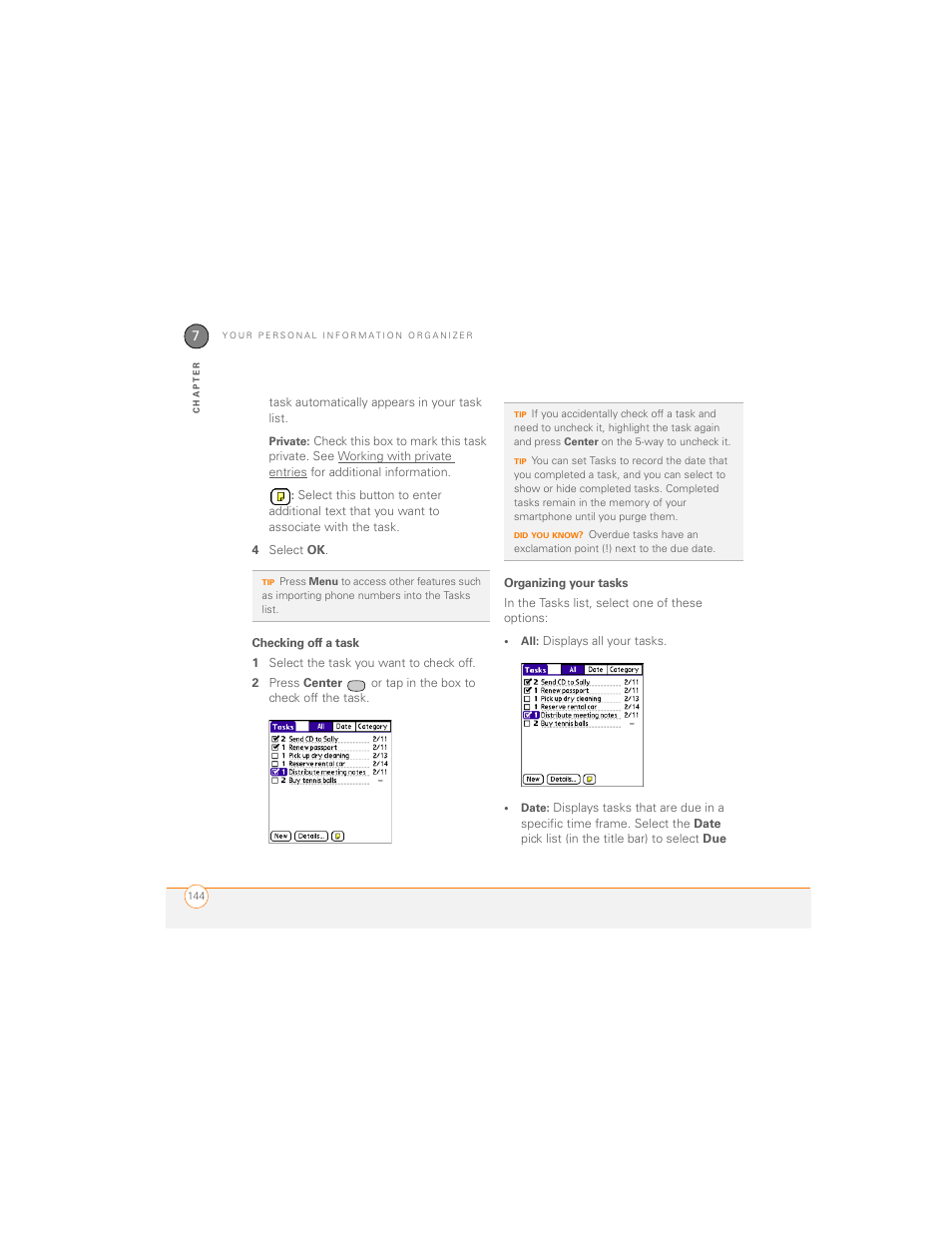 Checking off a task, Organizing your tasks | Palm 700P User Manual | Page 150 / 286