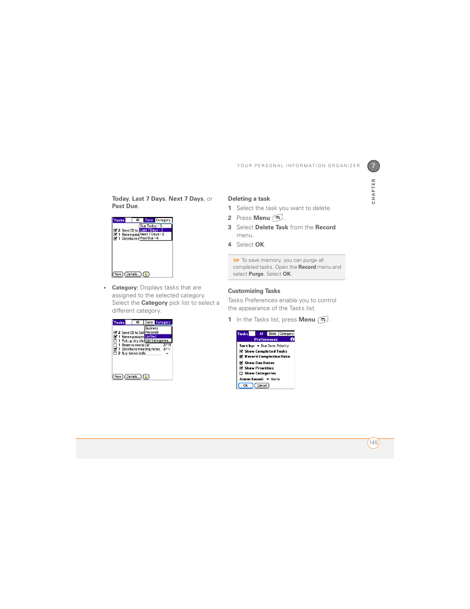 Deleting a task, Customizing tasks | Palm 700P User Manual | Page 151 / 286