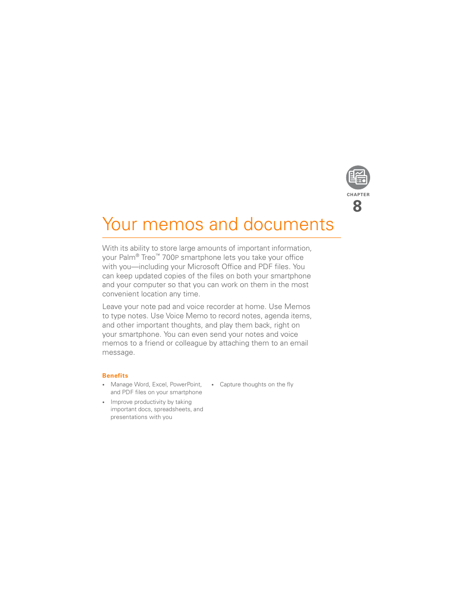Your memos and documents, Chapter 8: your memos and documents | Palm 700P User Manual | Page 153 / 286