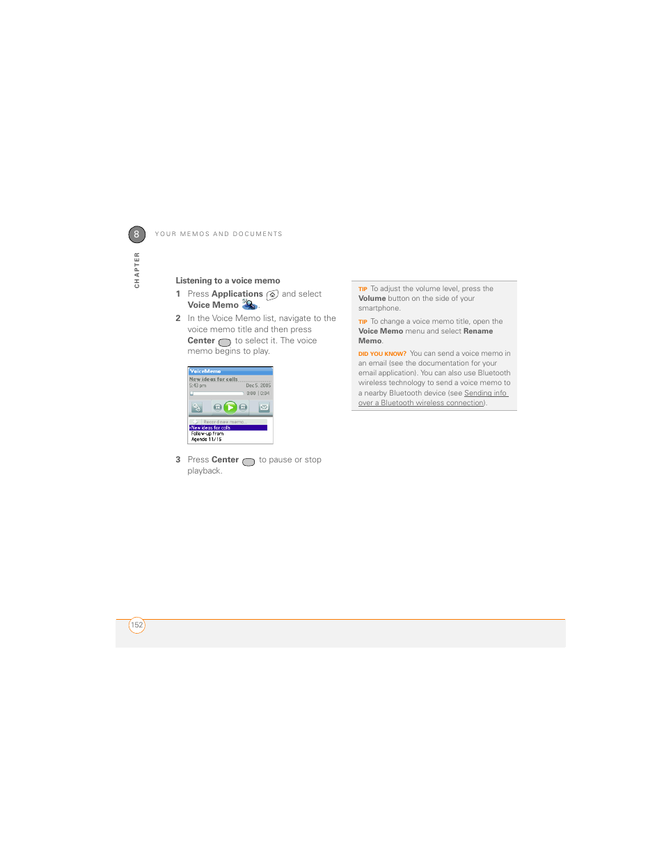 Listening to a voice memo | Palm 700P User Manual | Page 158 / 286