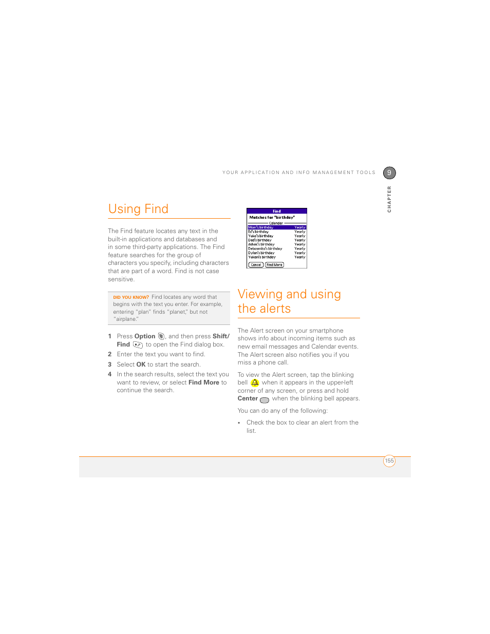 Using find, Viewing and using the alerts, Using find viewing and using the alerts | Palm 700P User Manual | Page 161 / 286