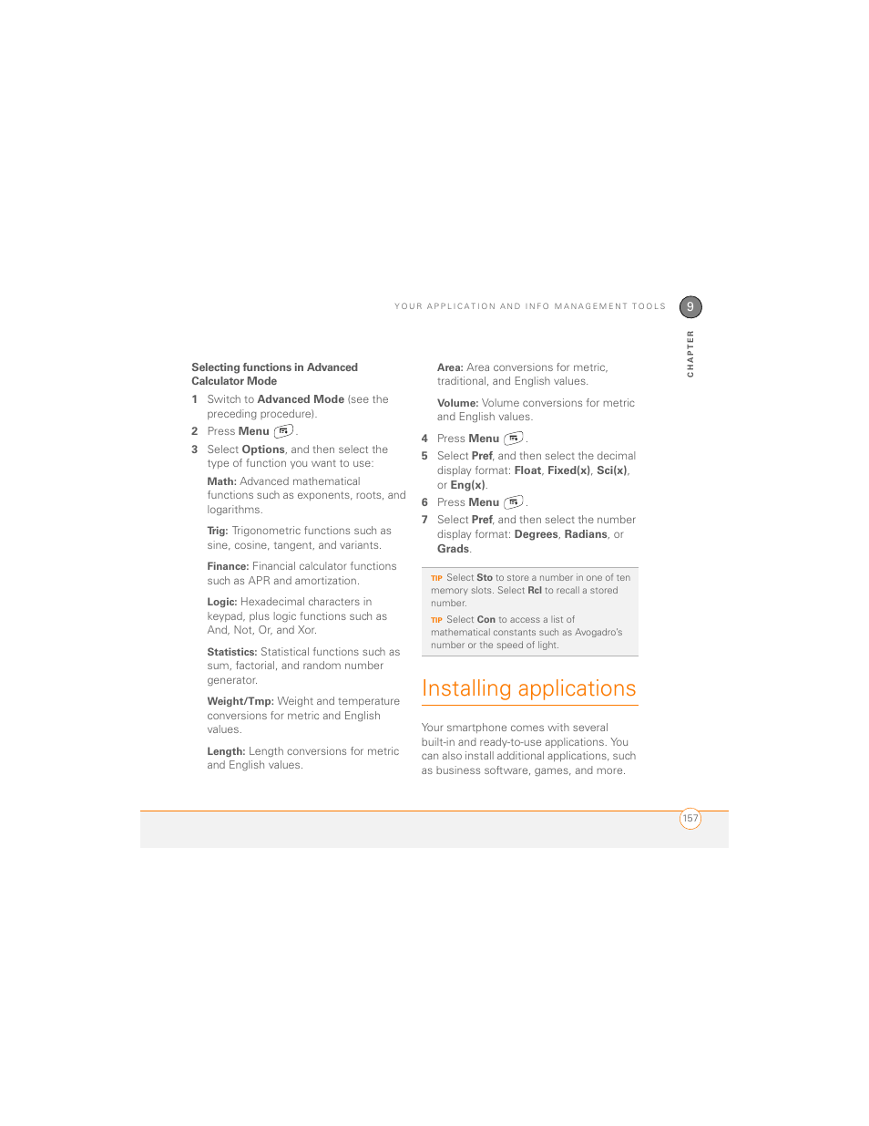 Selecting functions in advanced calculator mode, Installing applications | Palm 700P User Manual | Page 163 / 286