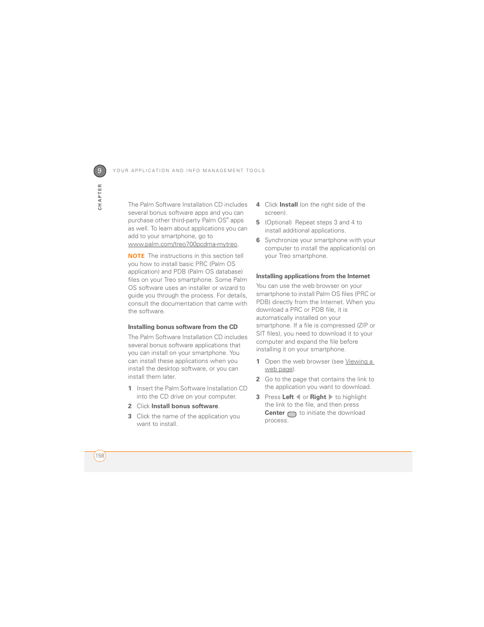 Installing bonus software from the cd, Installing applications from the internet, See installing bonus software from the cd | Palm 700P User Manual | Page 164 / 286