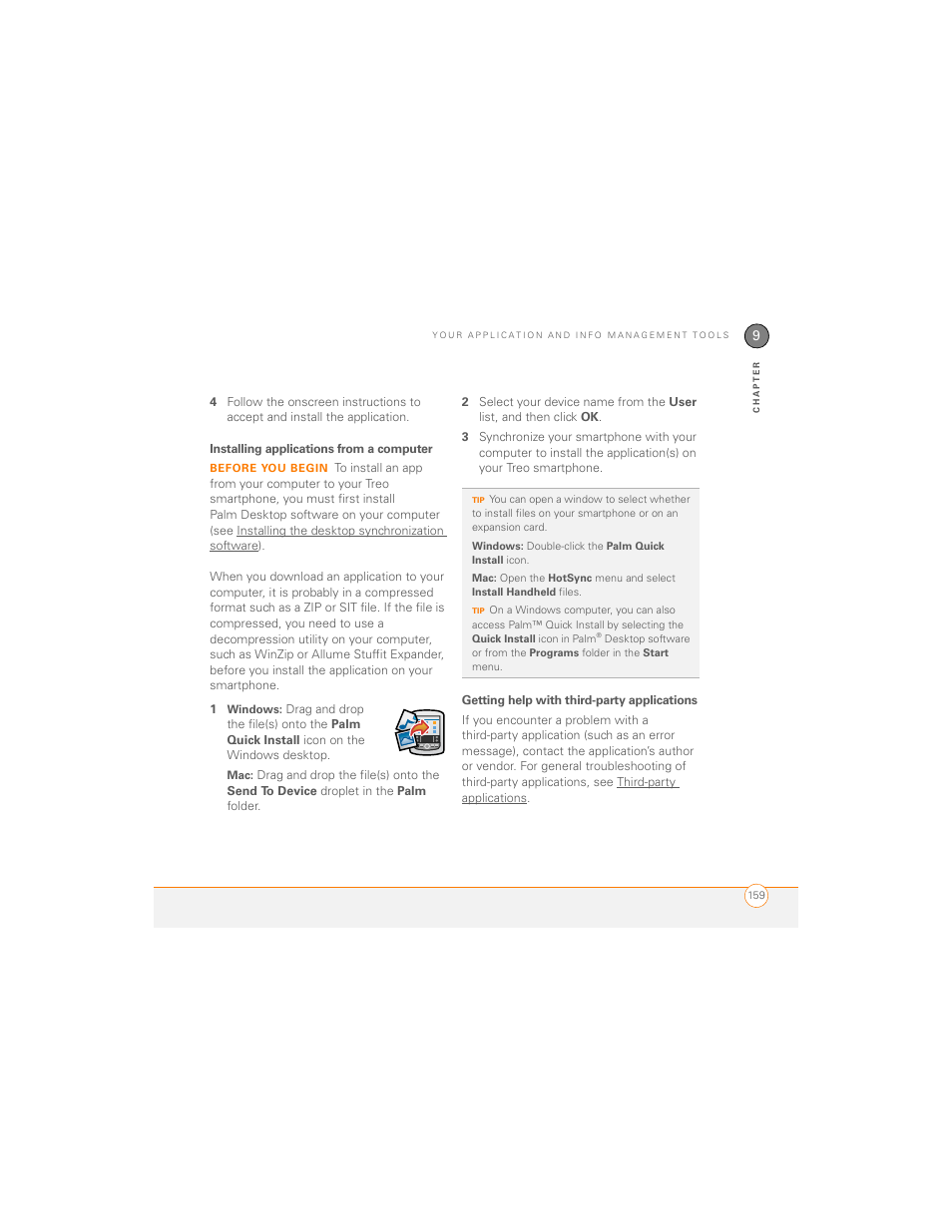 Installing applications from a computer, Getting help with third-party applications | Palm 700P User Manual | Page 165 / 286