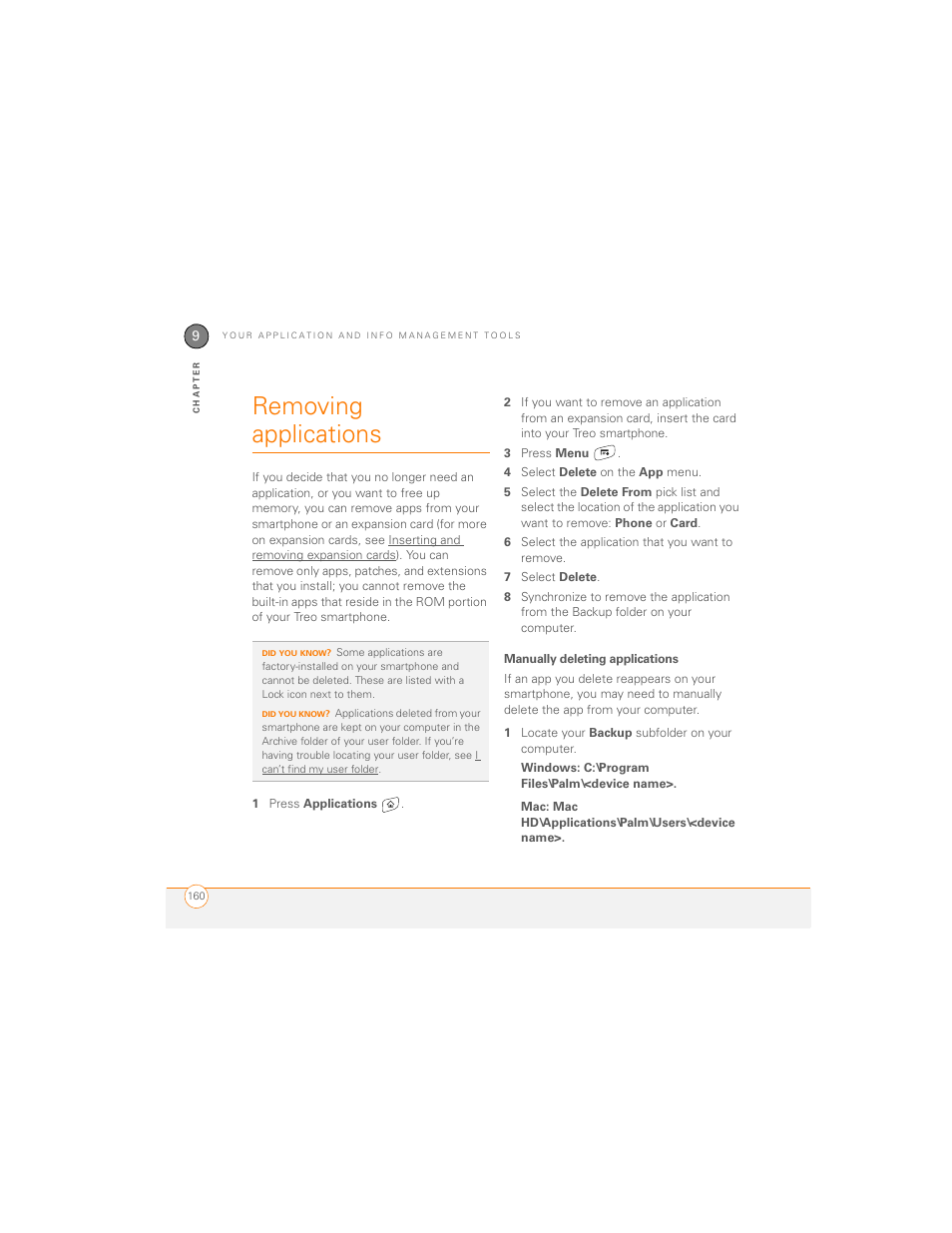 Removing applications, Manually deleting applications | Palm 700P User Manual | Page 166 / 286