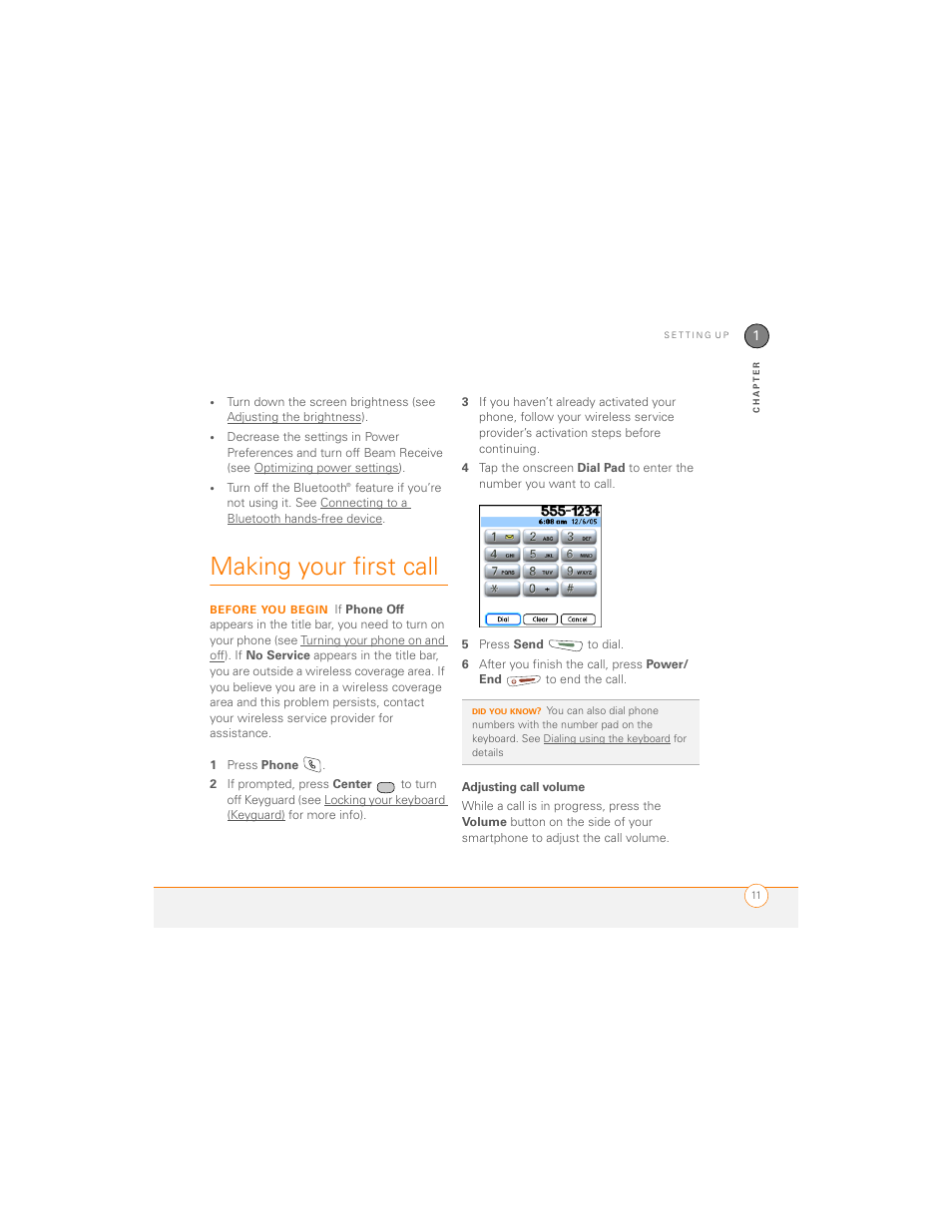 Making your first call, Adjusting call volume | Palm 700P User Manual | Page 17 / 286