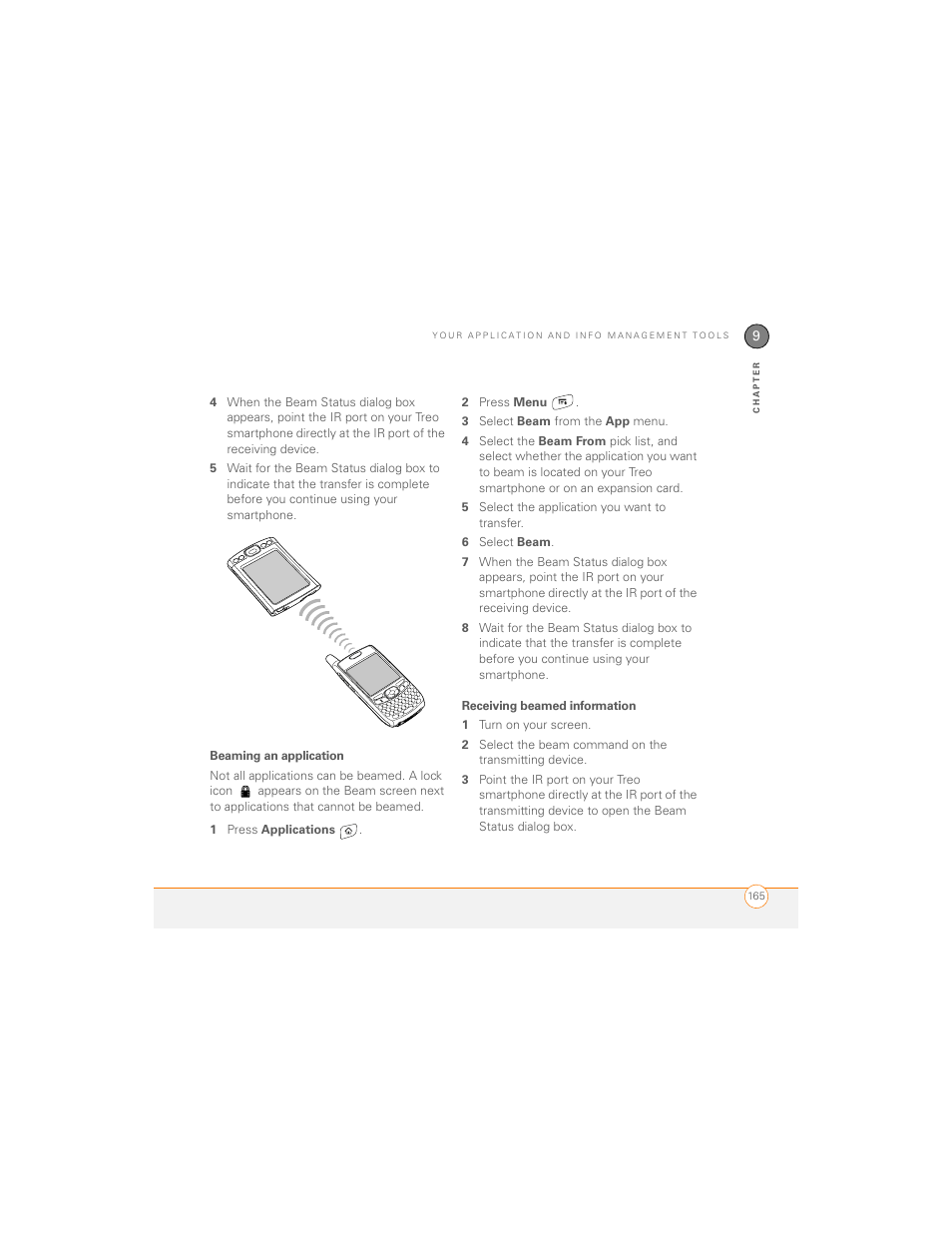 Beaming an application, Receiving beamed information | Palm 700P User Manual | Page 171 / 286