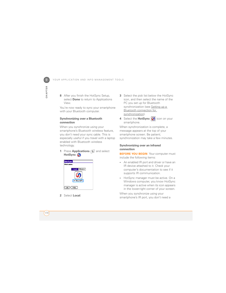 Synchronizing over a bluetooth connection, Synchronizing over an infrared connection | Palm 700P User Manual | Page 176 / 286