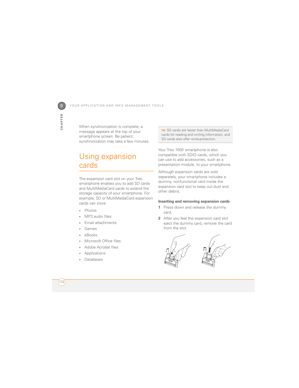 Using expansion cards, Inserting and removing expansion cards | Palm 700P User Manual | Page 178 / 286