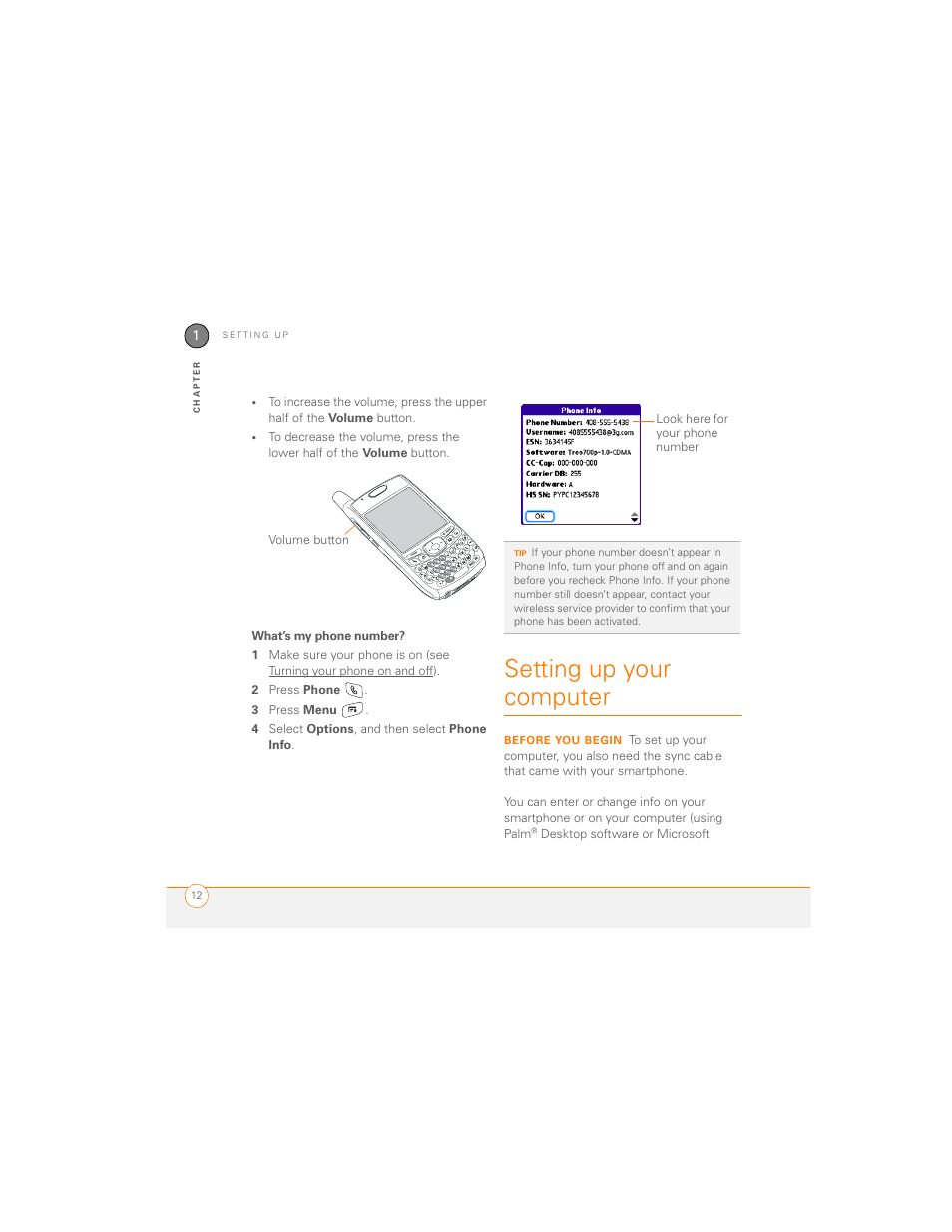 What’s my phone number, Setting up your computer | Palm 700P User Manual | Page 18 / 286