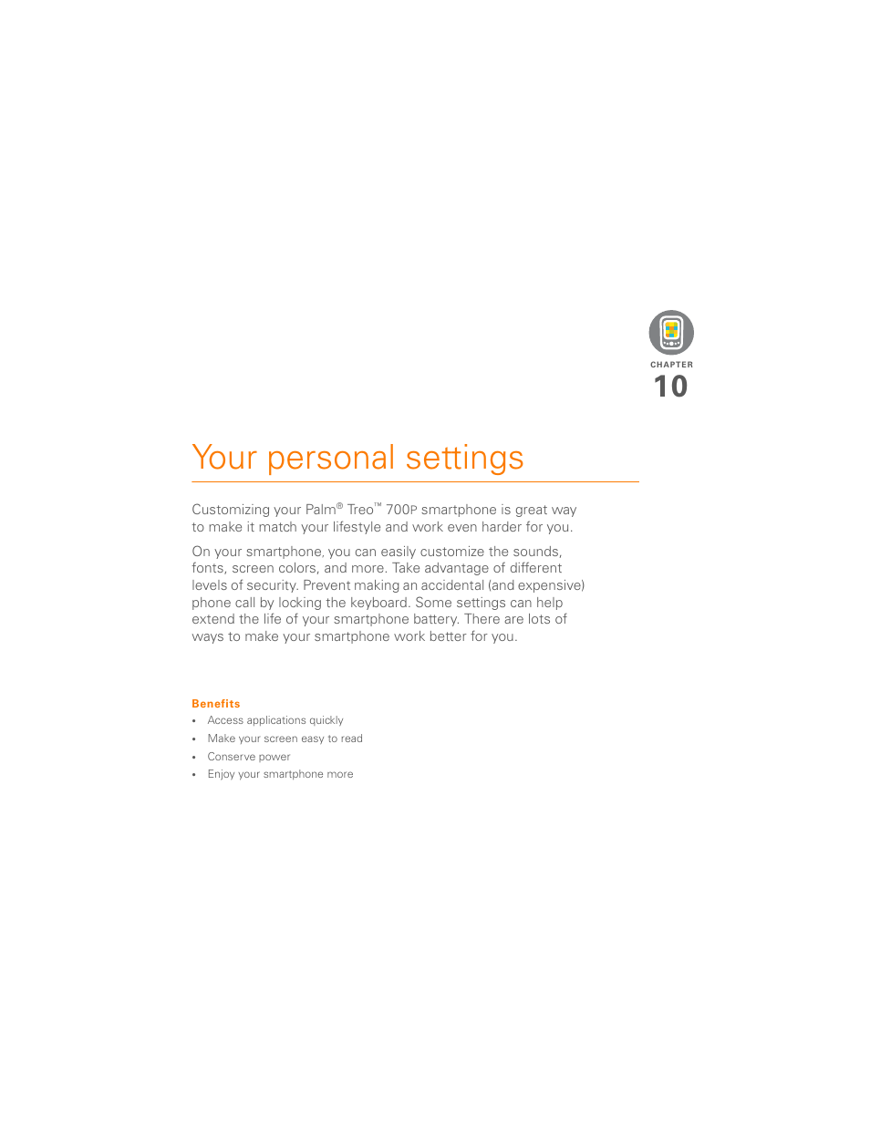 Your personal settings, Chapter 10: your personal settings | Palm 700P User Manual | Page 183 / 286