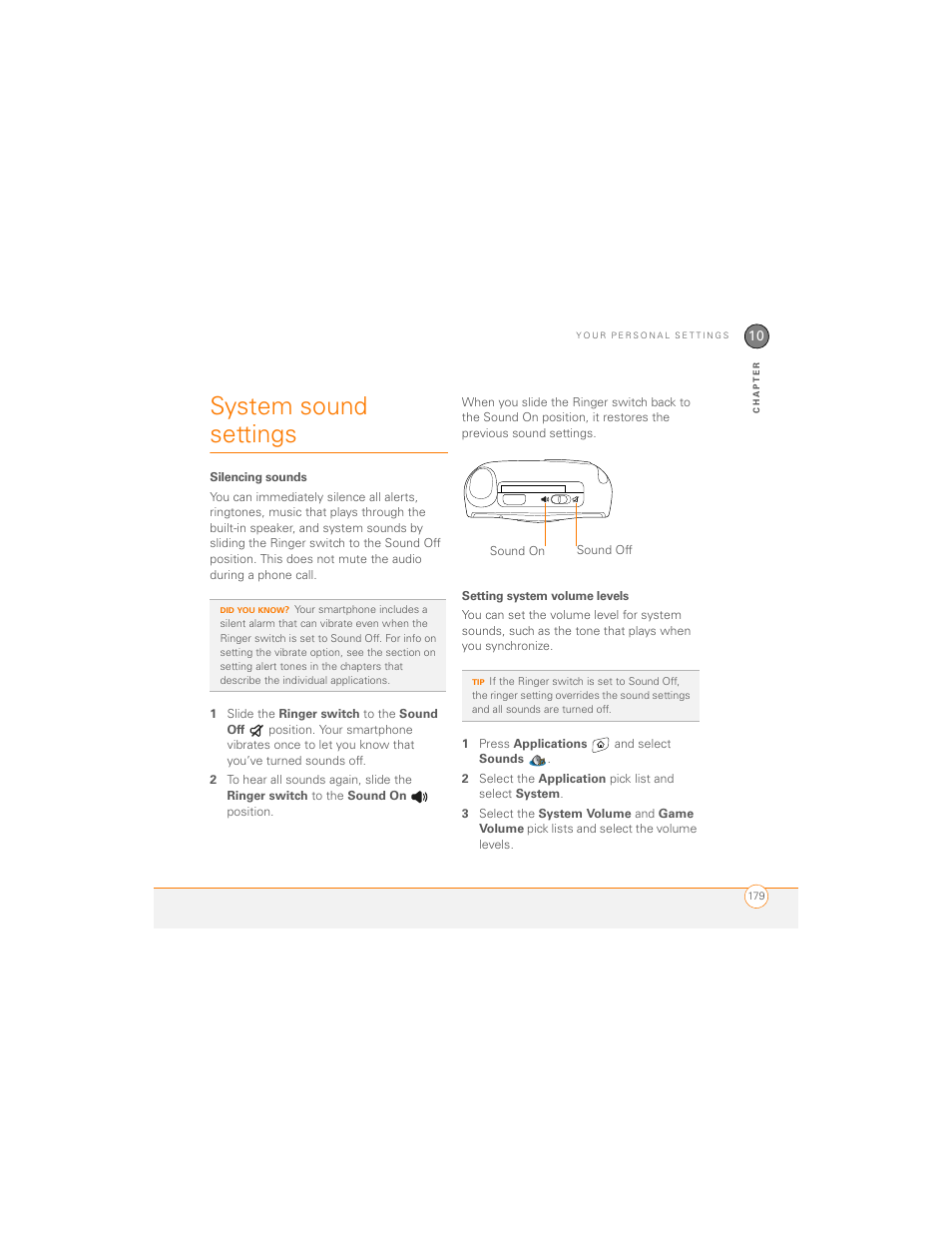 System sound settings, Silencing sounds, Setting system volume levels | Ee silencing sounds | Palm 700P User Manual | Page 185 / 286