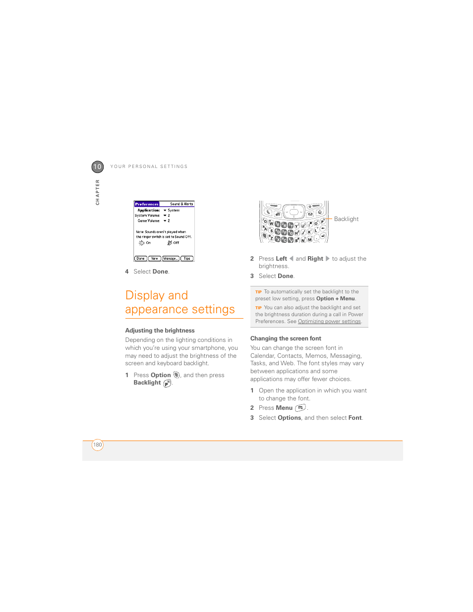 Display and appearance settings, Adjusting the brightness, Changing the screen font | Palm 700P User Manual | Page 186 / 286