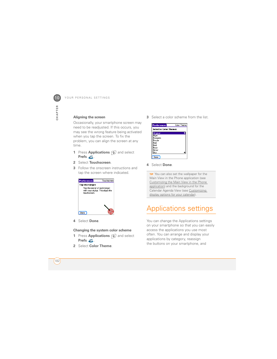 Aligning the screen, Changing the system color scheme, Applications settings | Palm 700P User Manual | Page 188 / 286