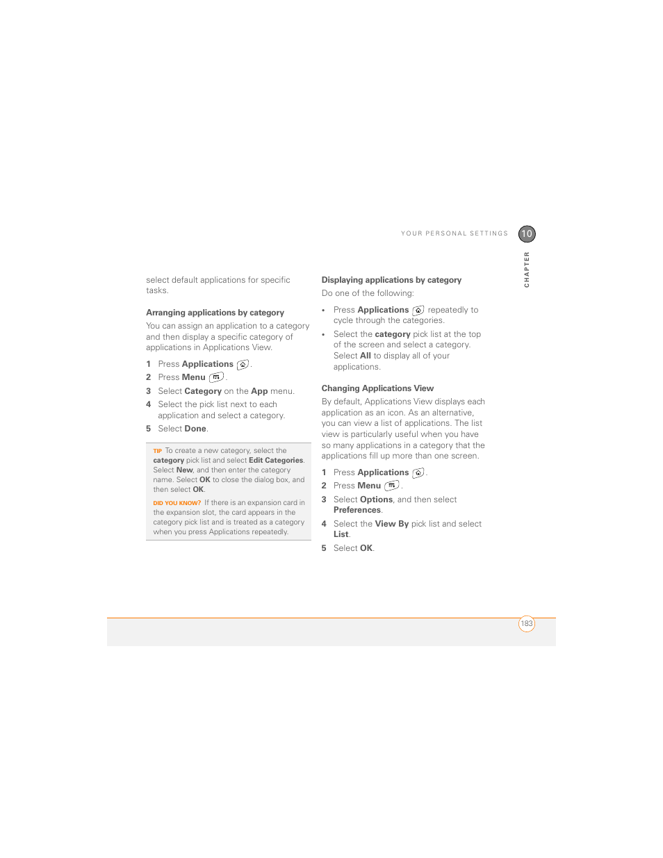 Arranging applications by category, Displaying applications by category, Changing applications view | Palm 700P User Manual | Page 189 / 286