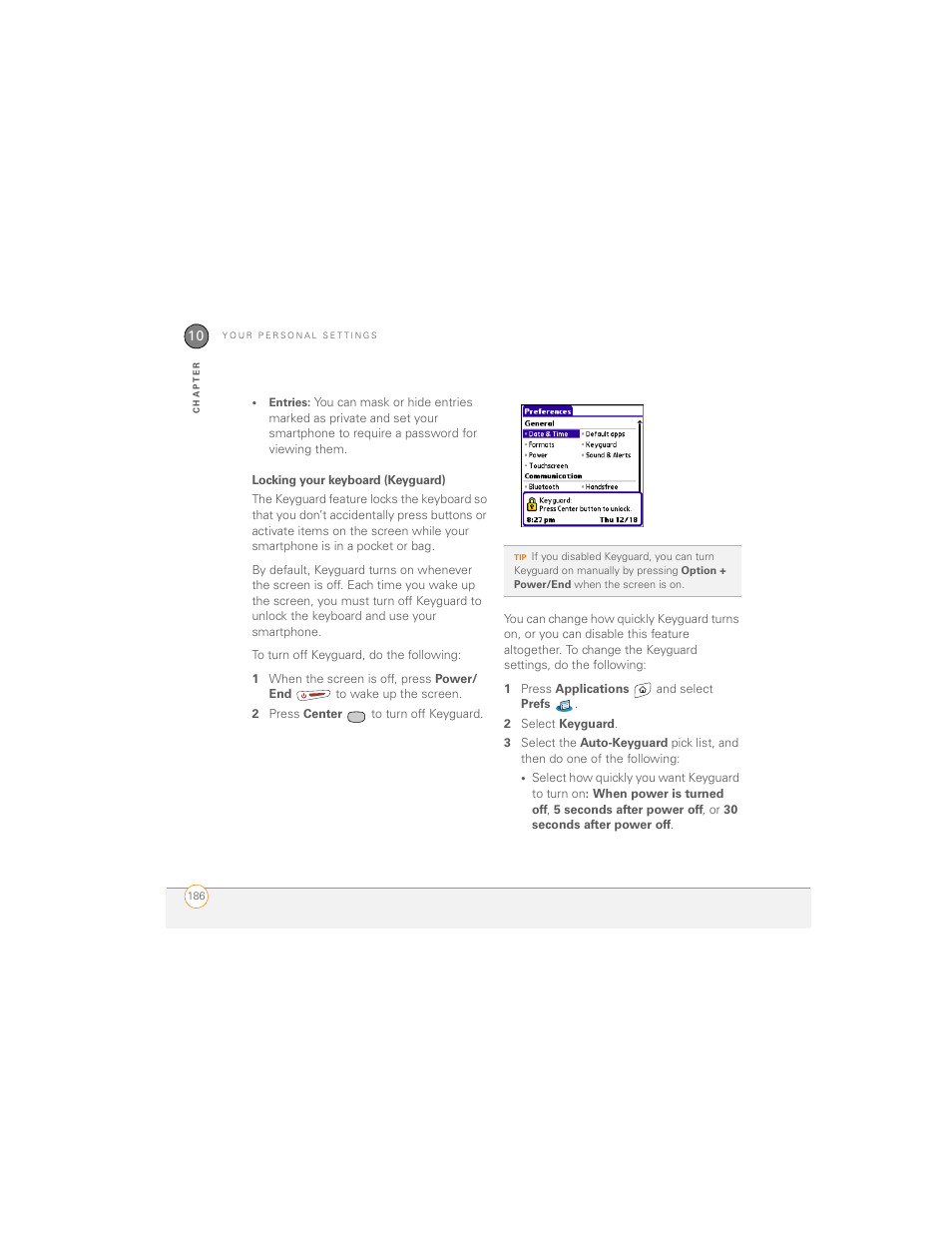 Locking your keyboard (keyguard), Locking your keyboard (keyguard) f | Palm 700P User Manual | Page 192 / 286