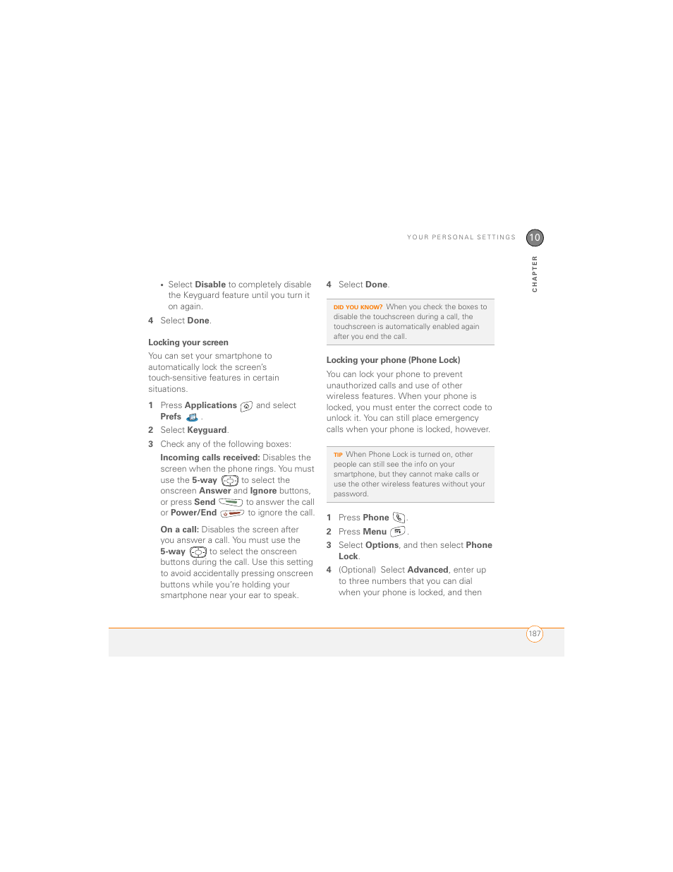 Locking your screen, Locking your phone (phone lock) | Palm 700P User Manual | Page 193 / 286