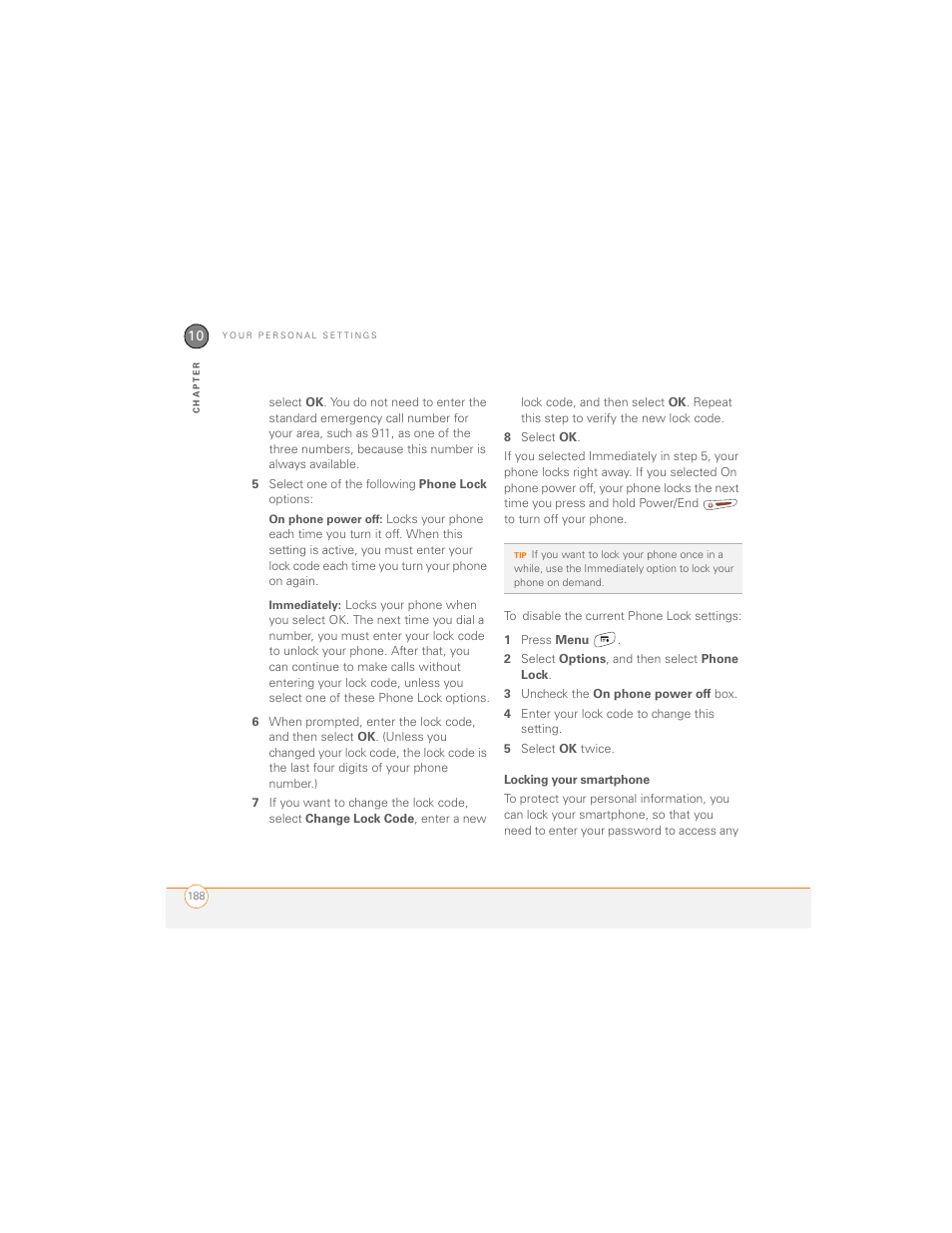 Locking your smartphone | Palm 700P User Manual | Page 194 / 286
