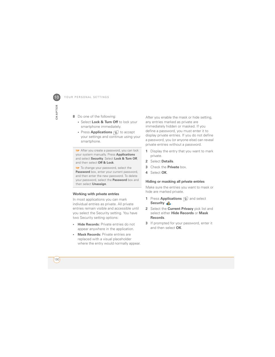 Working with private entries, Hiding or masking all private entries | Palm 700P User Manual | Page 196 / 286