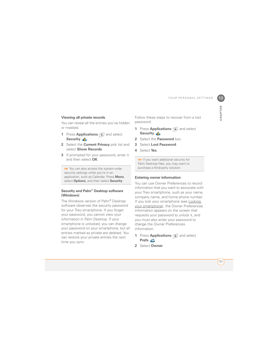 Viewing all private records, Security and palm® desktop software (windows), Entering owner information | Palm 700P User Manual | Page 197 / 286