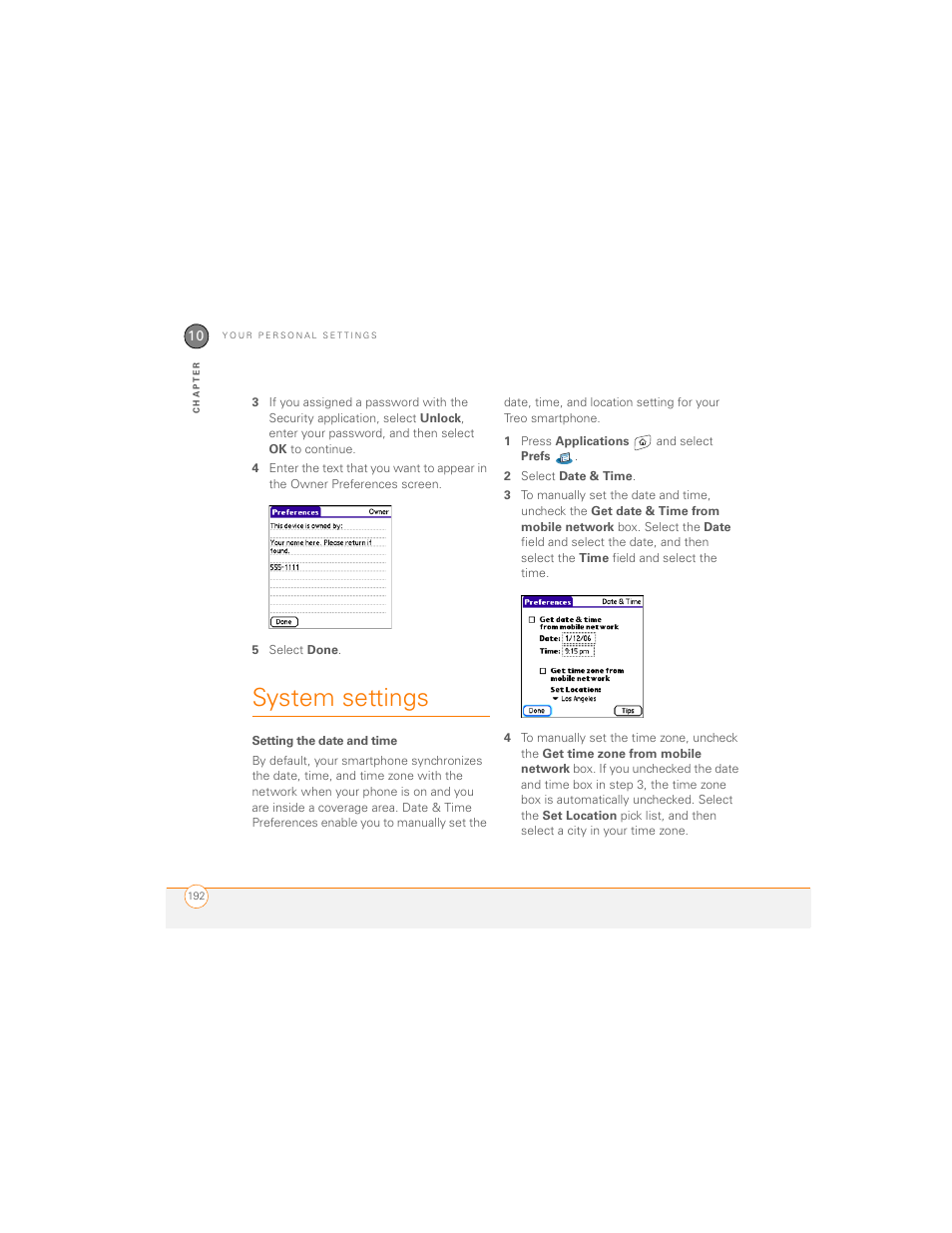 System settings, Setting the date and time | Palm 700P User Manual | Page 198 / 286