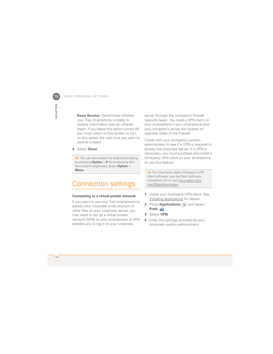 Connection settings, Connecting to a virtual private network | Palm 700P User Manual | Page 200 / 286