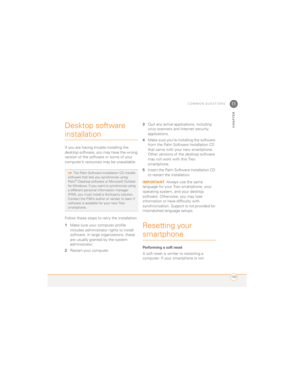 Desktop software installation, Resetting your smartphone, Performing a soft reset | Palm 700P User Manual | Page 205 / 286