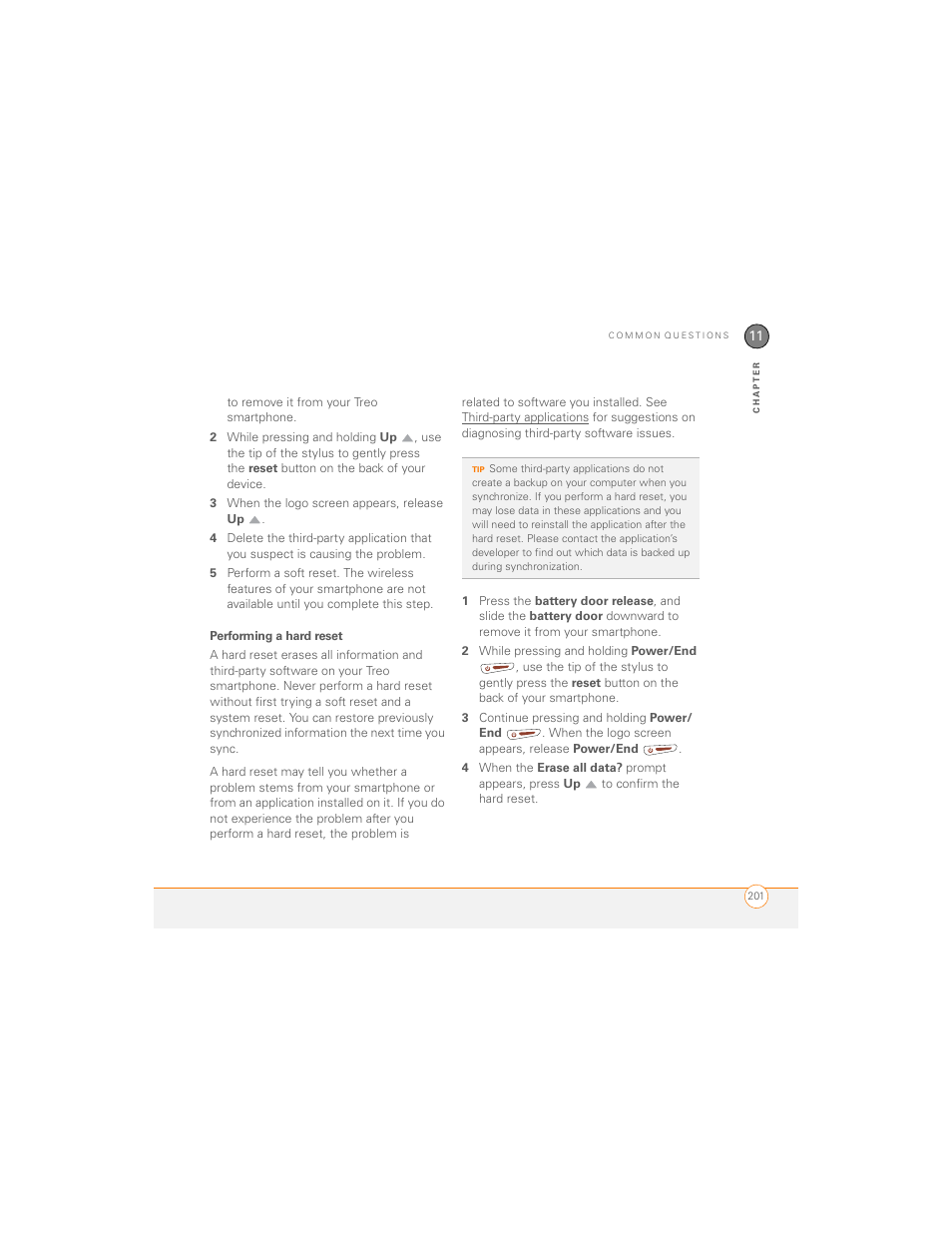 Performing a hard reset | Palm 700P User Manual | Page 207 / 286