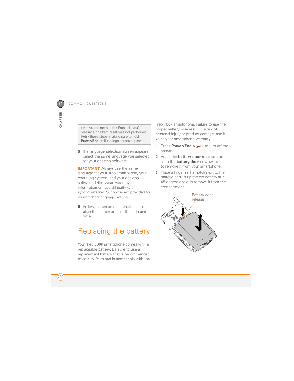 Replacing the battery | Palm 700P User Manual | Page 208 / 286
