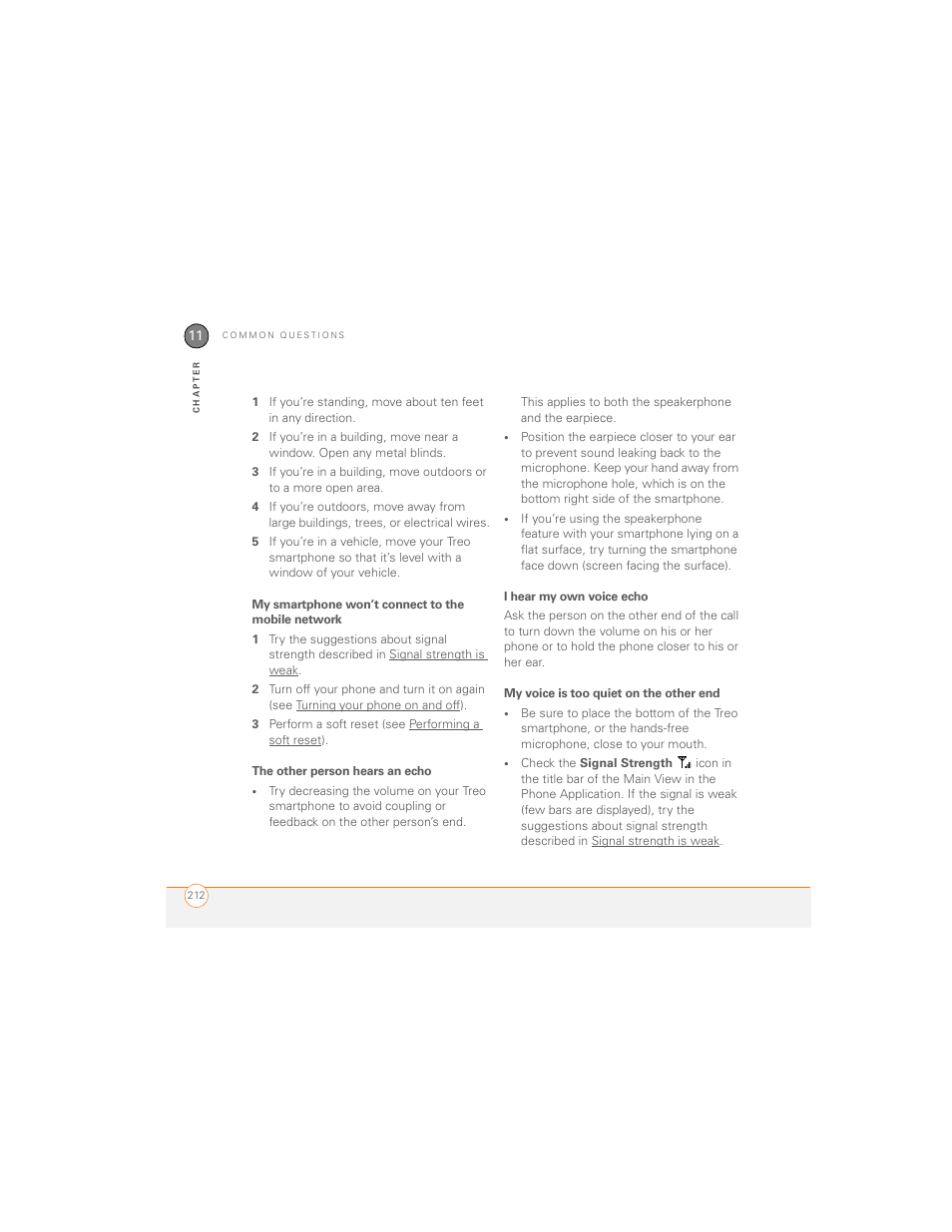 My smartphone won’t connect to the mobile network, The other person hears an echo, I hear my own voice echo | My voice is too quiet on the other end | Palm 700P User Manual | Page 218 / 286