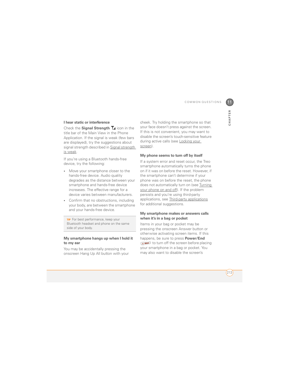 I hear static or interference, My smartphone hangs up when i hold it to my ear, My phone seems to turn off by itself | Palm 700P User Manual | Page 219 / 286
