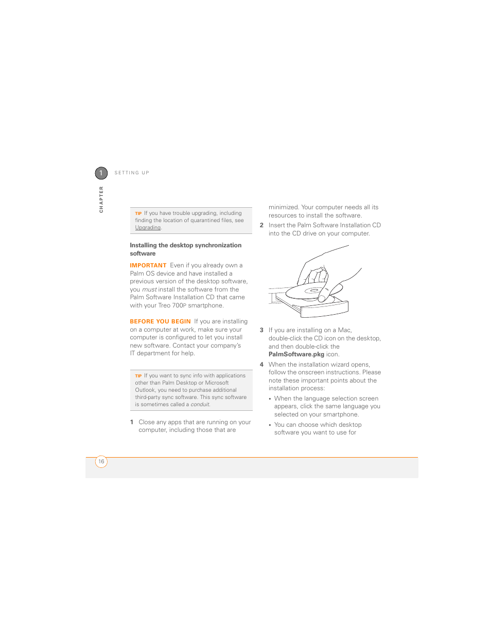 Installing the desktop synchronization software | Palm 700P User Manual | Page 22 / 286
