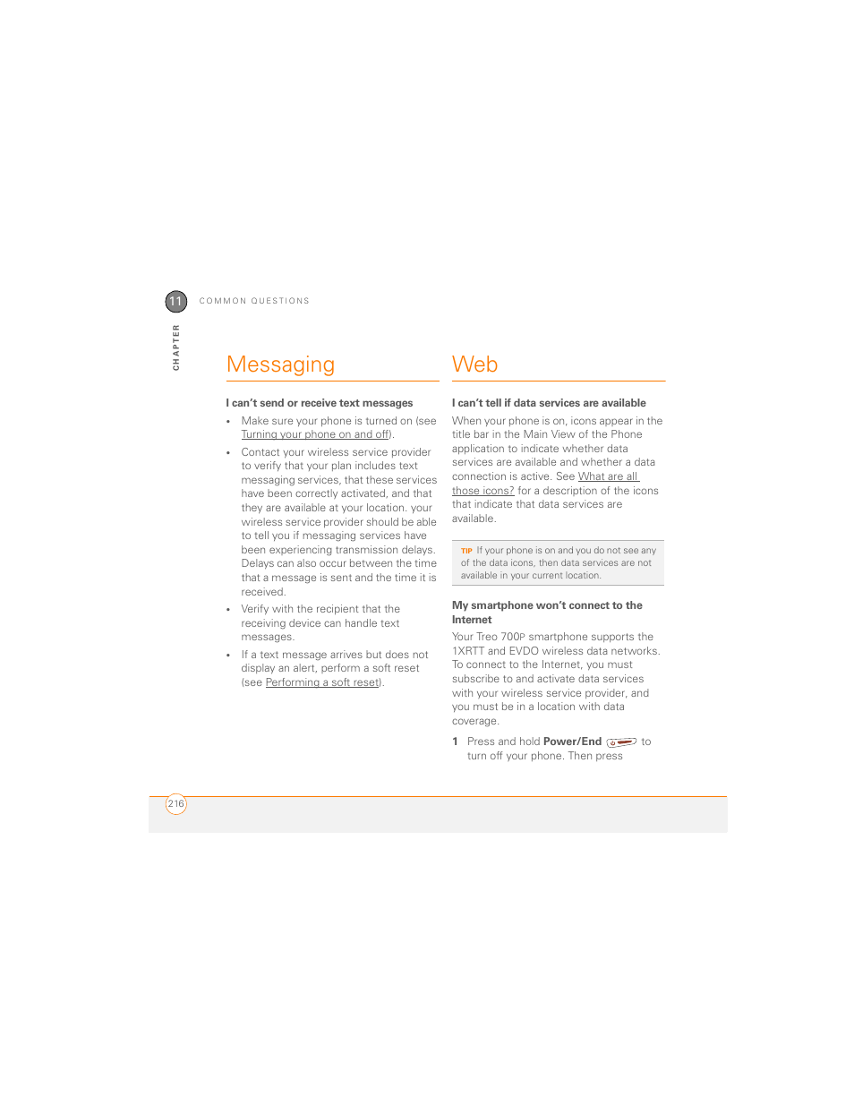 Messaging, I can’t send or receive text messages, I can’t tell if data services are available | My smartphone won’t connect to the internet, Messaging web | Palm 700P User Manual | Page 222 / 286