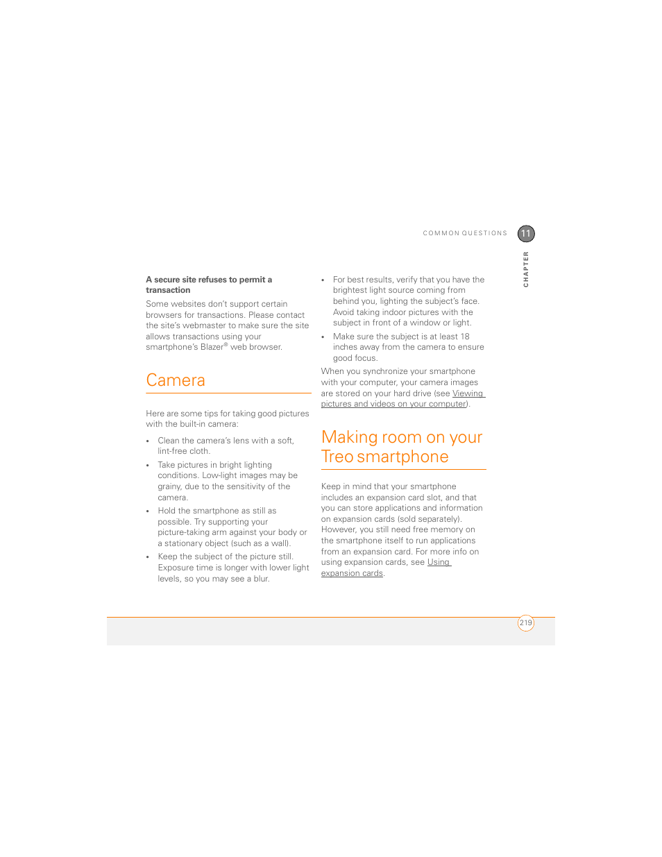 A secure site refuses to permit a transaction, Camera, Making room on your treo smartphone | Camera making room on your treo smartphone, Making room on your treo, Smartphone | Palm 700P User Manual | Page 225 / 286
