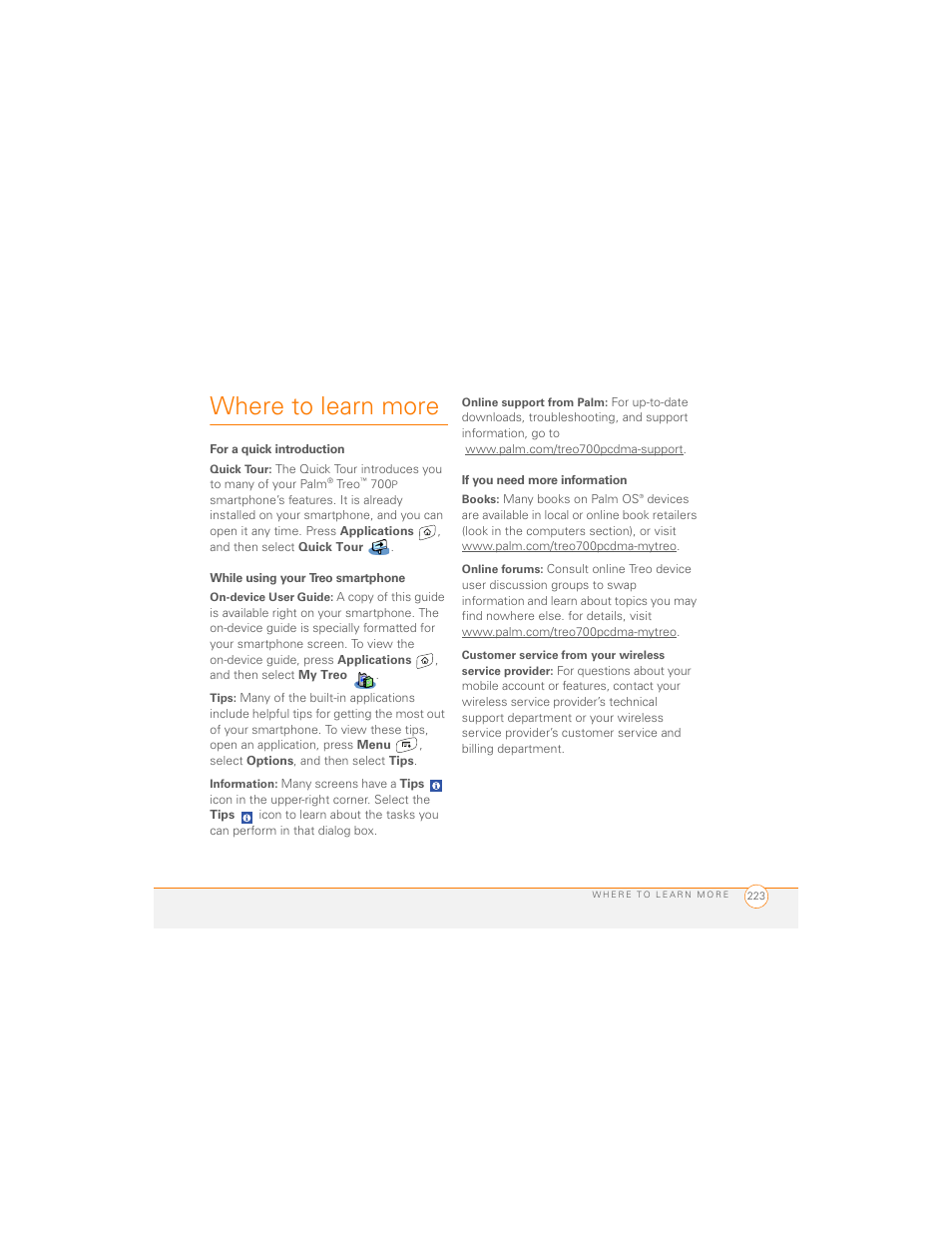 Where to learn more, For a quick introduction, While using your treo smartphone | If you need more information | Palm 700P User Manual | Page 229 / 286