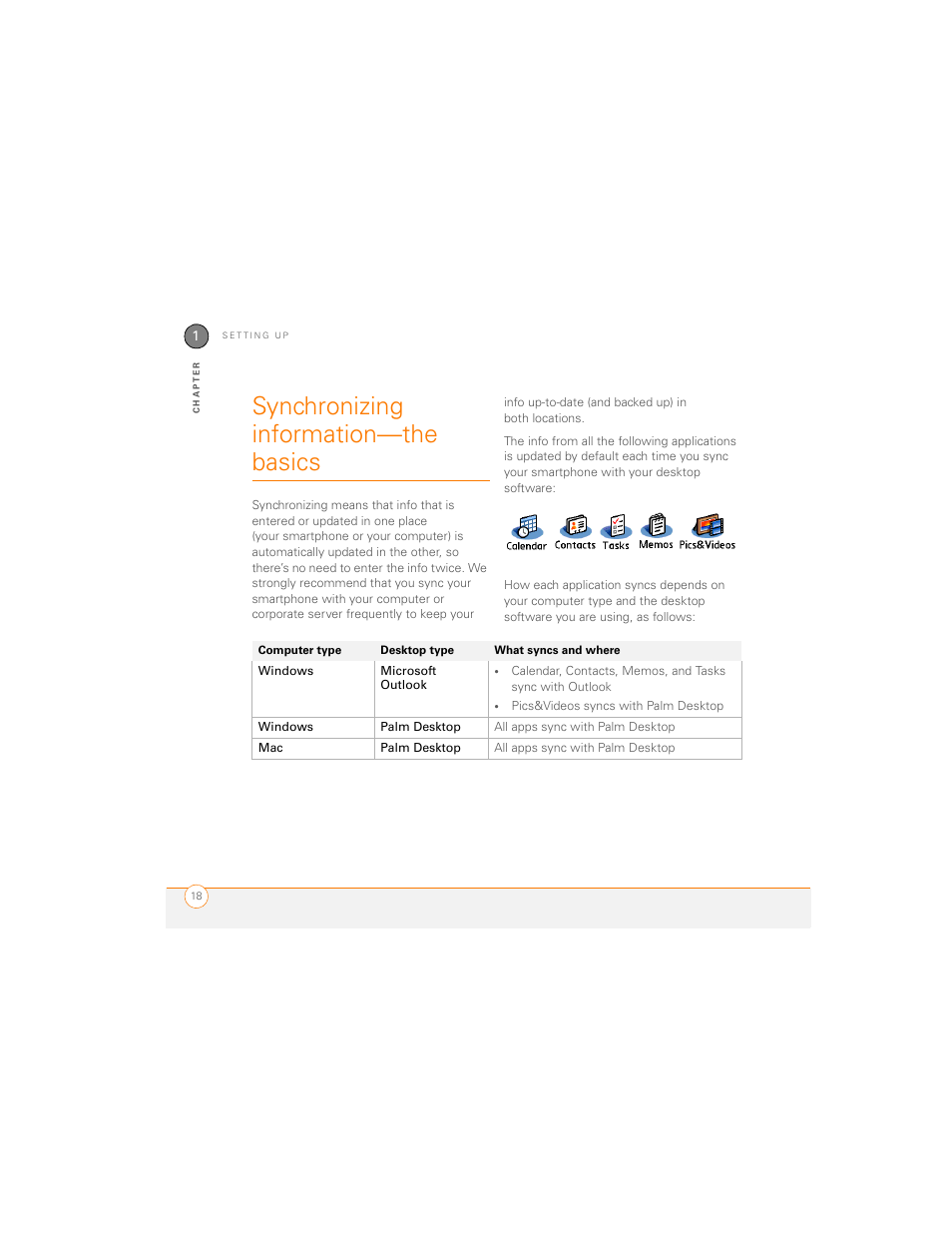 Synchronizing information-the basics, Synchronizing information—the basics | Palm 700P User Manual | Page 24 / 286