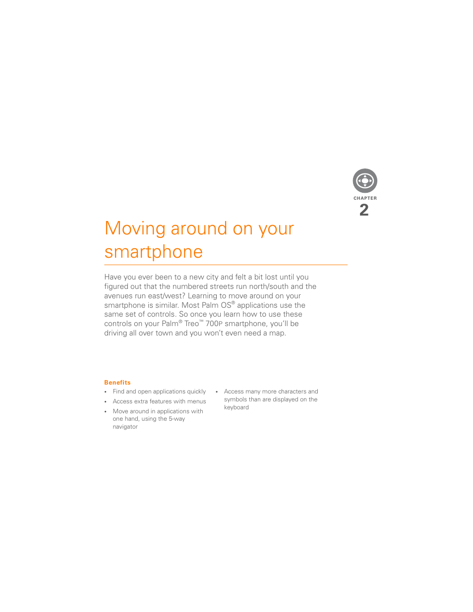 Moving around on your smartphone, Chapter 2: moving around on your smartphone | Palm 700P User Manual | Page 27 / 286