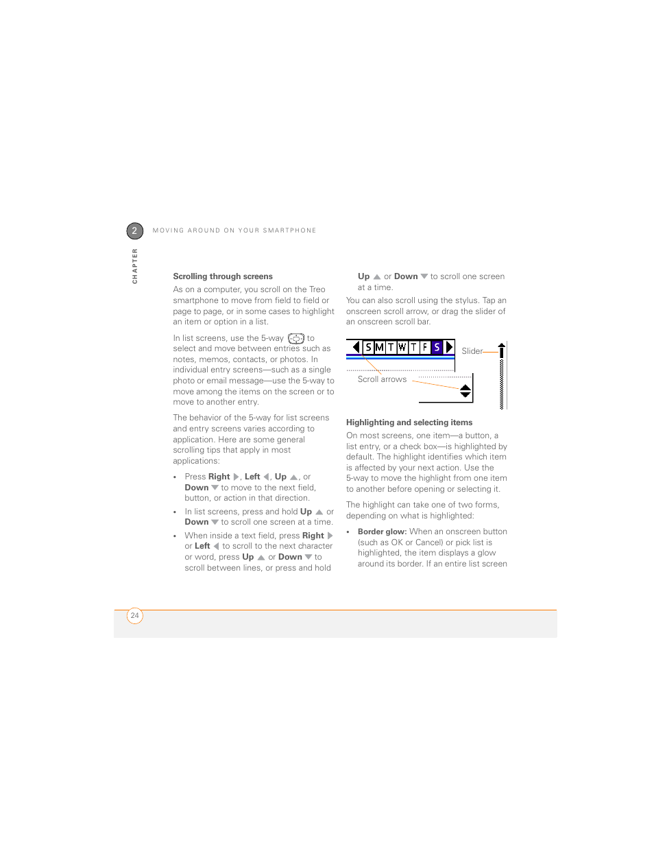 Scrolling through screens, Highlighting and selecting items | Palm 700P User Manual | Page 30 / 286