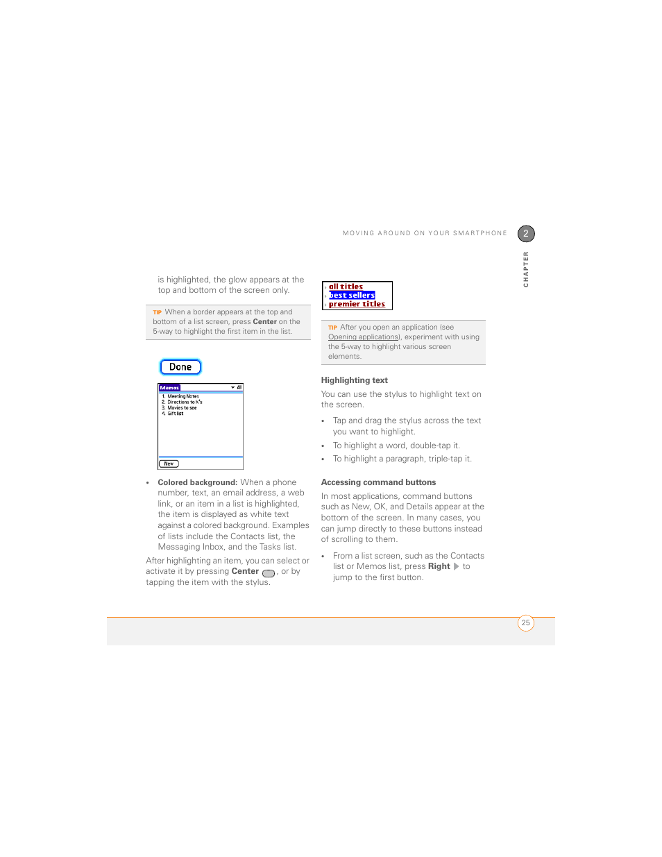 Highlighting text, Accessing command buttons | Palm 700P User Manual | Page 31 / 286