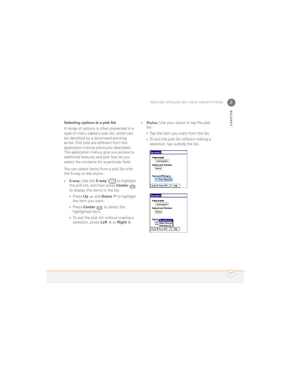 Selecting options in a pick list | Palm 700P User Manual | Page 33 / 286