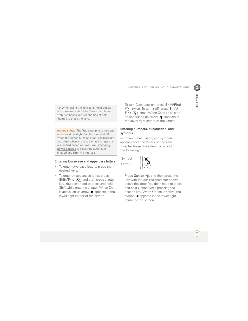Entering lowercase and uppercase letters, Entering numbers, punctuation, and symbols | Palm 700P User Manual | Page 35 / 286