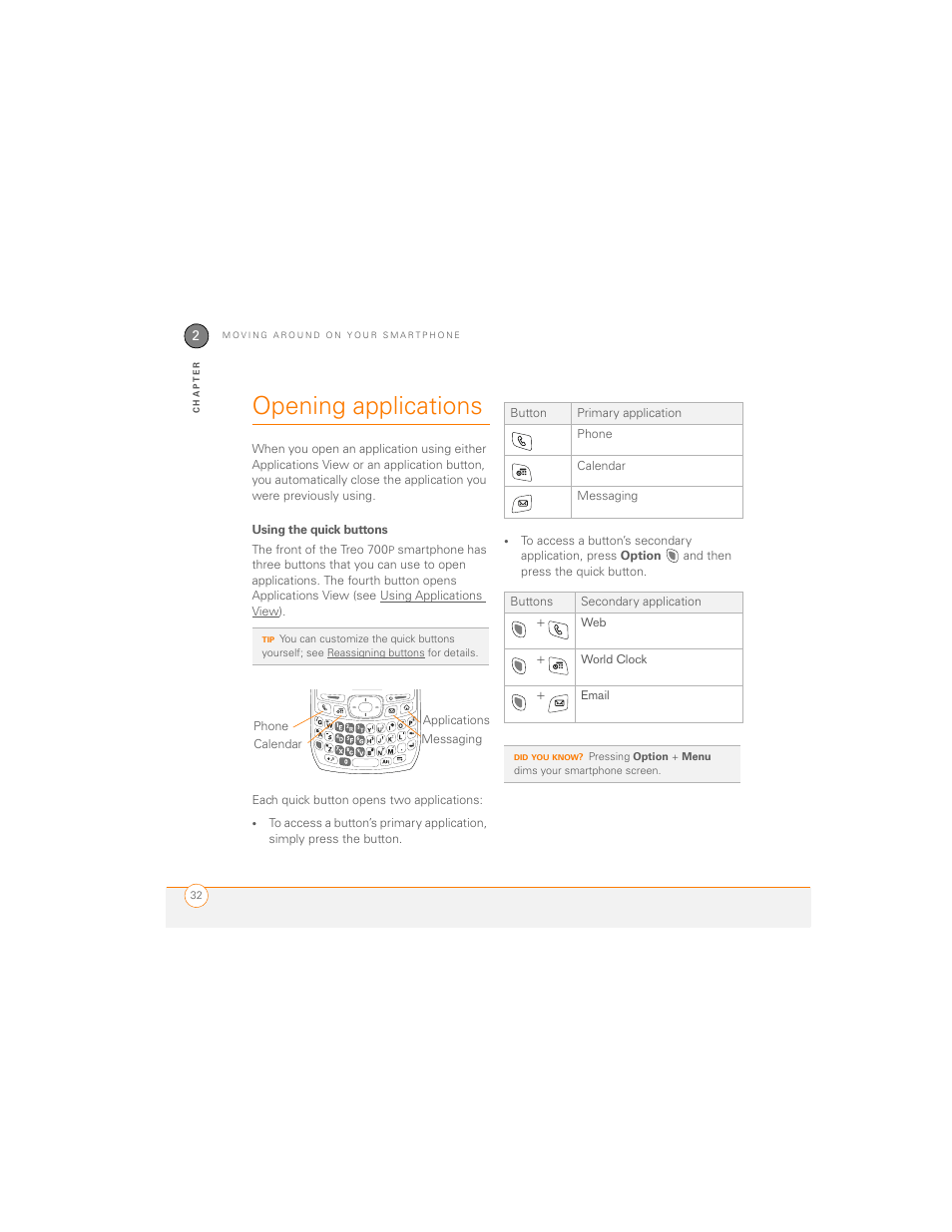Opening applications, Using the quick buttons | Palm 700P User Manual | Page 38 / 286