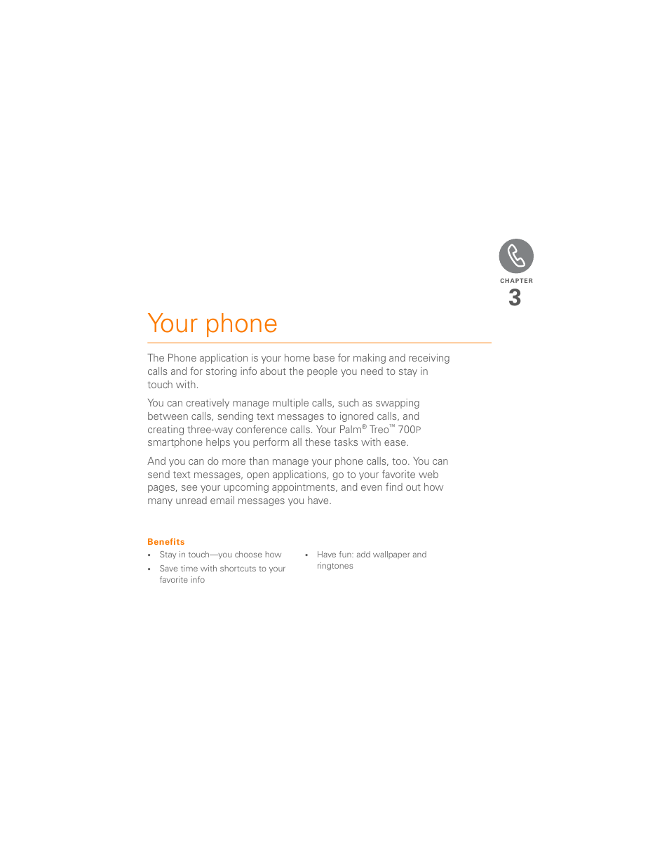 Your phone, Chapter 3: your phone | Palm 700P User Manual | Page 41 / 286