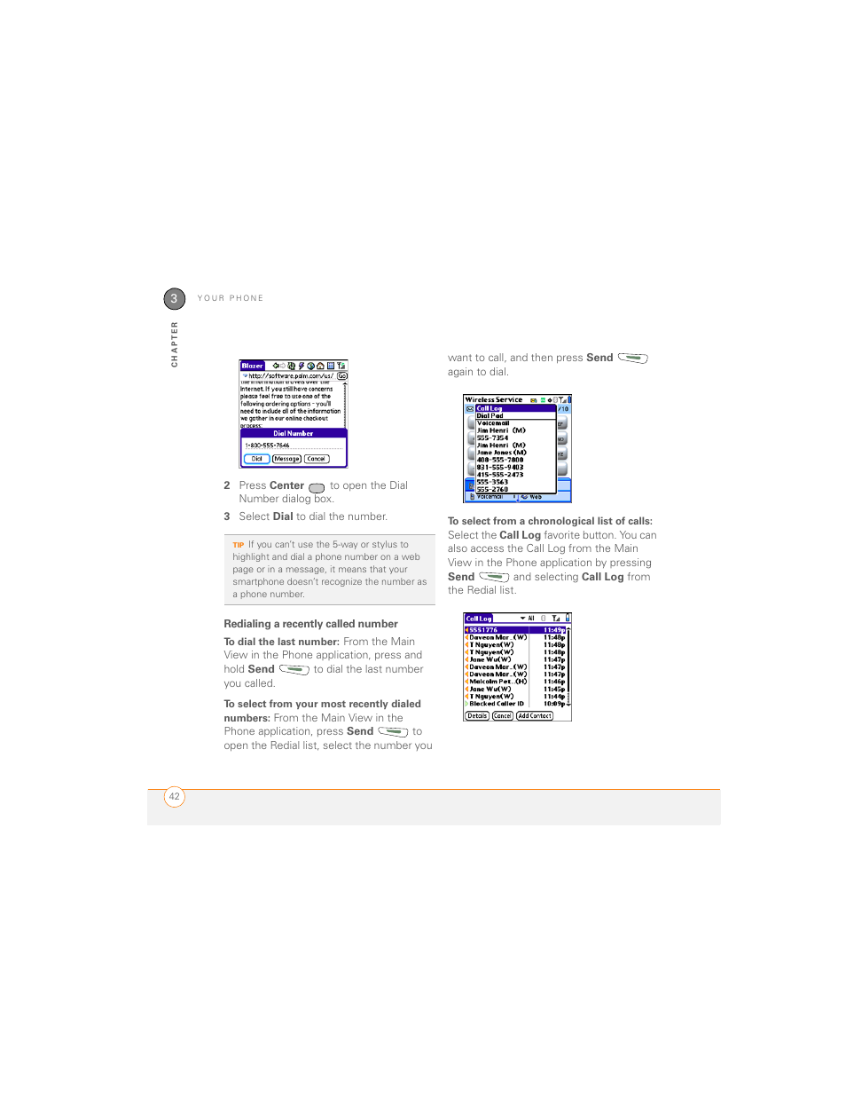 Redialing a recently called number | Palm 700P User Manual | Page 48 / 286