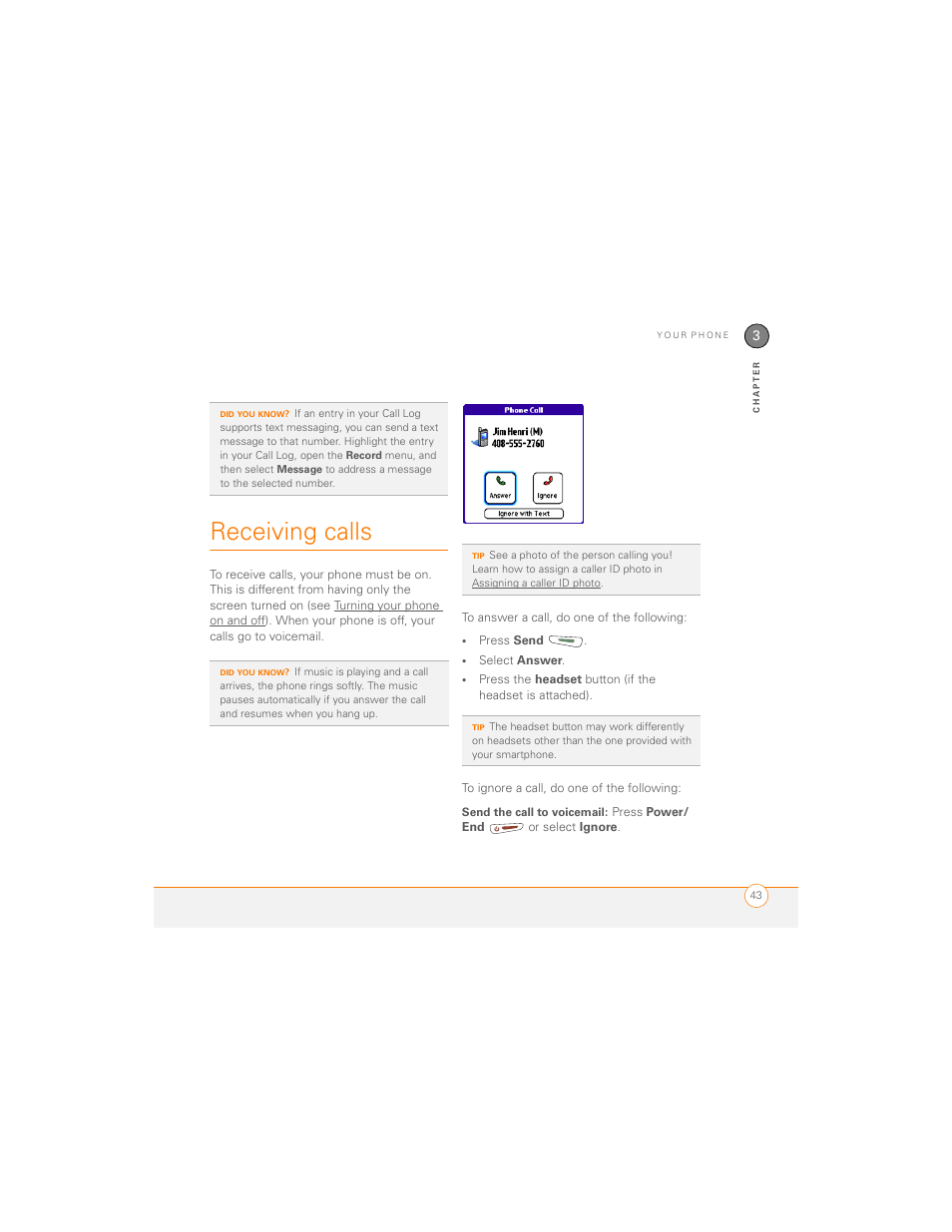 Receiving calls | Palm 700P User Manual | Page 49 / 286